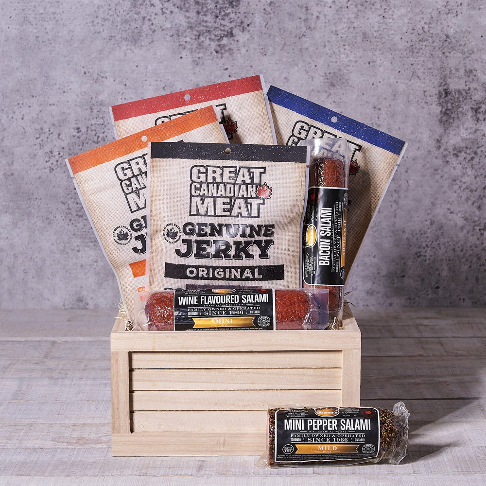 The Savory Meat Lover’s Gift Crate, beef jerky, salami