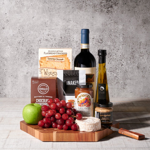 Lake Rosseau Wine and Cheese Board, wine gift baskets, gourmet gifts, gifts, cheese board, charcuterie