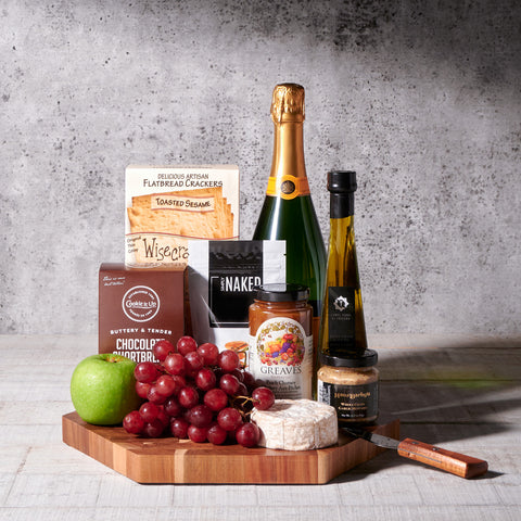 Lake Rosseau Champagne and Cheese Board, champagne gift baskets, gourmet gifts, gifts, cheese board, charcuterie