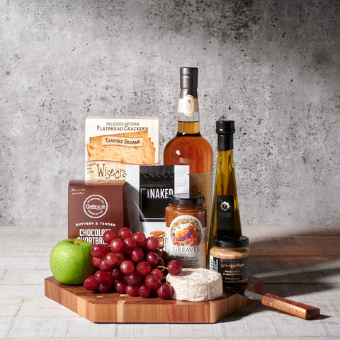 Lake Rosseau Liquor and Cheese Board, liquor gift baskets, gourmet gifts, gifts, cheese board, charcuterie