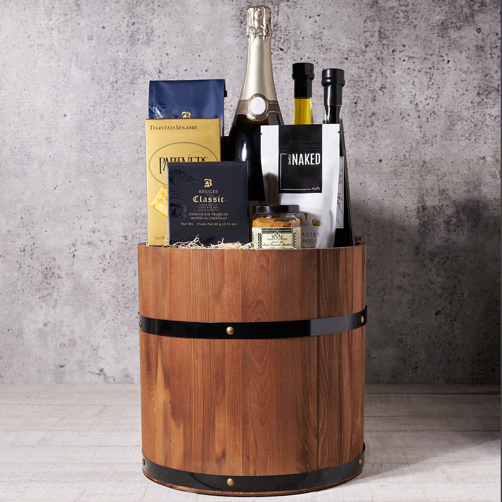 The Champagne Entertainer’s Gift Barrel, balsamic vinegar, olive oil, coffee, chocolate, mustard, gourmet gifts, gourmet, christmas, champagne, champagne gift basket delivery, delivery champagne gift basket, champagne basket canada, canada champagne basket, toronto