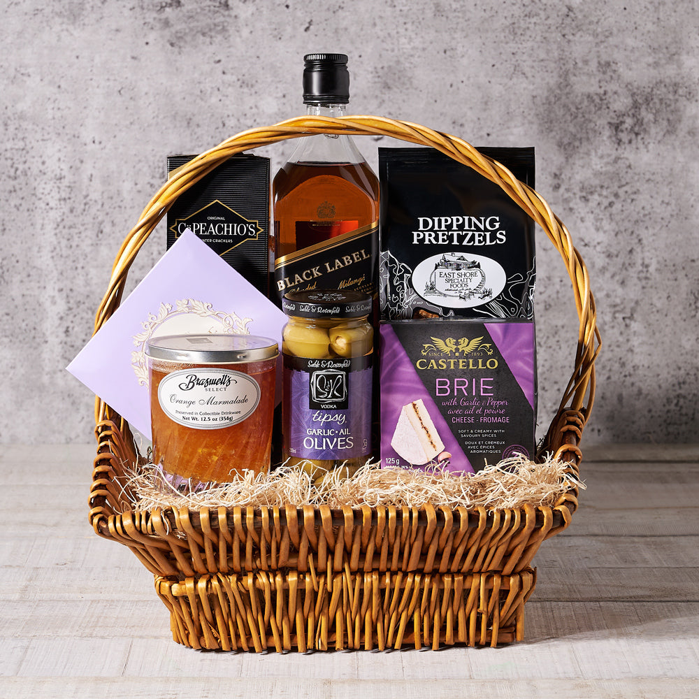 Gentle Oak Whiskey Gift Basket, chocolate, cheese, marmalade, gourmet gift basket, Liquor Gift Basket, Liquor, gourmet, liquor gift basket delivery, delivery liquor gift basket, liquor gift canada, canada liquor gift, toronto