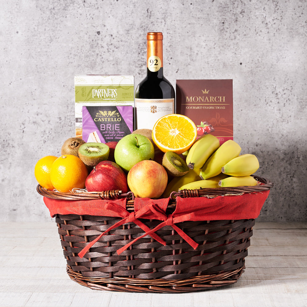 The Mellow Fruit Orchard Wine Gift Basket, chocolate, wine, Wine Gift Basket, Fruits Gift Baskets, fruit, gourmet, wine gift basket delivery, delivery wine gift basket, fruit basket usa, usa fruit basket