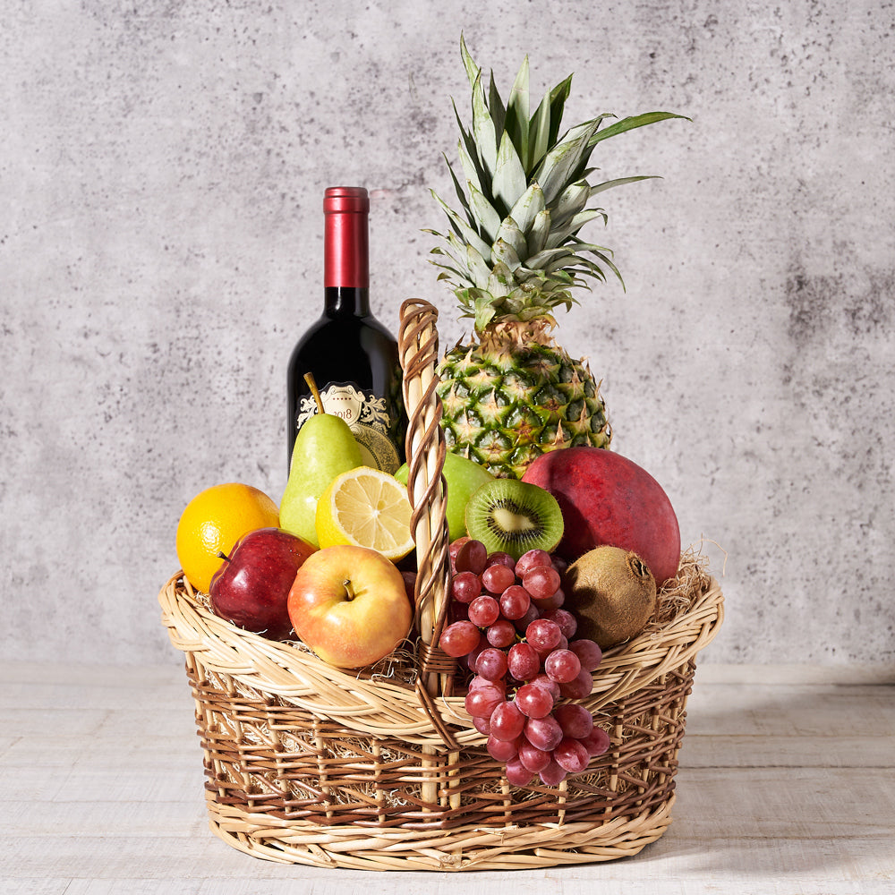 Sunlit Fruit Gift Basket with Wine, fruit,  Fruits Gift Baskets,  Wine Gift Basket,  wine,  gourmet, wine gift basket delivery, delivery wine gift basket, fruit basket canada, canada fruit basket, toronto