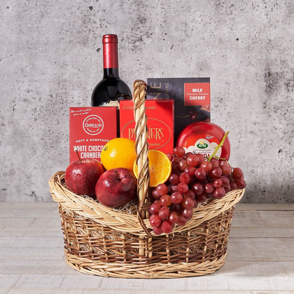 The Bountiful Wine &amp; Fruit Market Basket, cookies,  chocolate,  fruit,  Fruits Gift Baskets,  Wine Gift Basket,  wine,  gourmet,  bestSeller, wine gift basket delivery, delivery wine gift basket, fruit basket canada, canada fruit basket, toronto