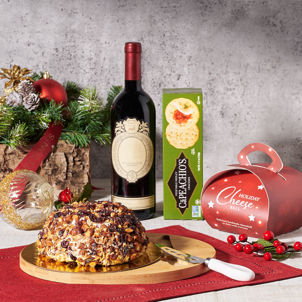 The Holiday Cheeseball Platter With Wine, Wine Gift Baskets, Christmas Gift Baskets, Gourmet Gift Baskets, Cheeseball, Crackers, Wine, Xmas Gift Set, Canada Delivery