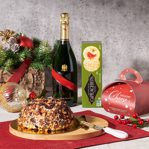 The Holiday Cheeseball Platter With Champagne, Champagne Gift Baskets, Christmas Gift Baskets, Xmas Gift Baskets, Gourmet Gift Baskets, Cheeseball, Snacks, Champagne, Canada Delivery