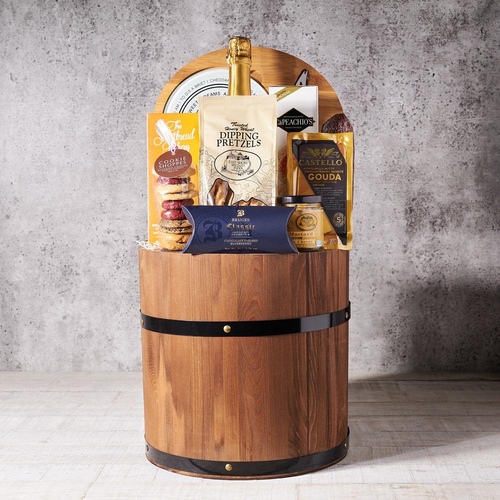 Gourmet Gift Barrel with Champagne, Gourmet Gift Baskets, Champagne Gift Baskets, Cheese, Crackers, Cookies, Chocolates, Champagne, Canada Delivery