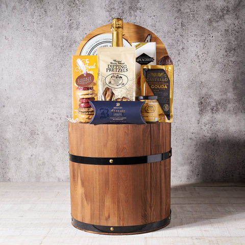 Gourmet Gift Barrel with Champagne, Gourmet Gift Baskets, Champagne Gift Baskets, Cheese, Crackers, Cookies, Chocolates, Champagne, Canada Delivery