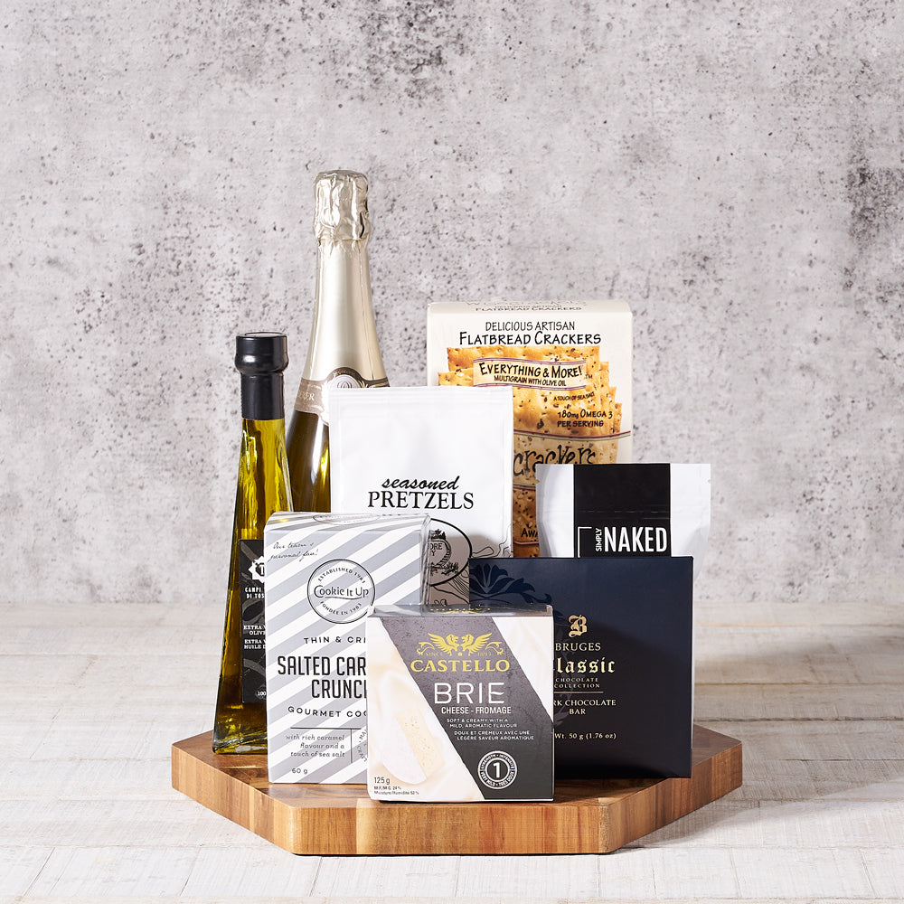 Champagne Delight Gift Board, Gourmet Gift Baskets, Champagne Gift Baskets, Crackers, Champagne, Cheese, Chocolate bar, Nuts, Cookies, Canada Delivery