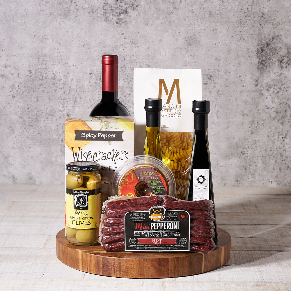 Hot Pepper, Pasta & Wine Gift Set, Gourmet Gift Baskets, Wine Gift Baskets, Crackers, Salami, Cheese, Olives, Pasta, Canada Delivery